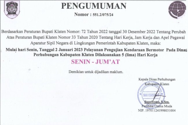 Pengumuman Pelayanan KIR  5 Hari Kerja