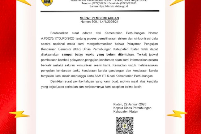 Pelayanan Uji Laik Kendaraan Bermotor KIR Dinas Perhubungan Klaten Tutup Sementara 