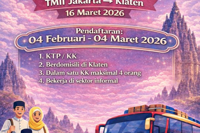#berteMUDIKlaten Resmi Dibuka! Mudik Gratis Lebaran 2026 TMII Jakarta–Klaten | Dishub Klaten (57 karakter utama + branding)