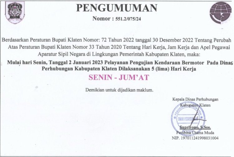 Pengumuman Pelayanan KIR  5 Hari Kerja