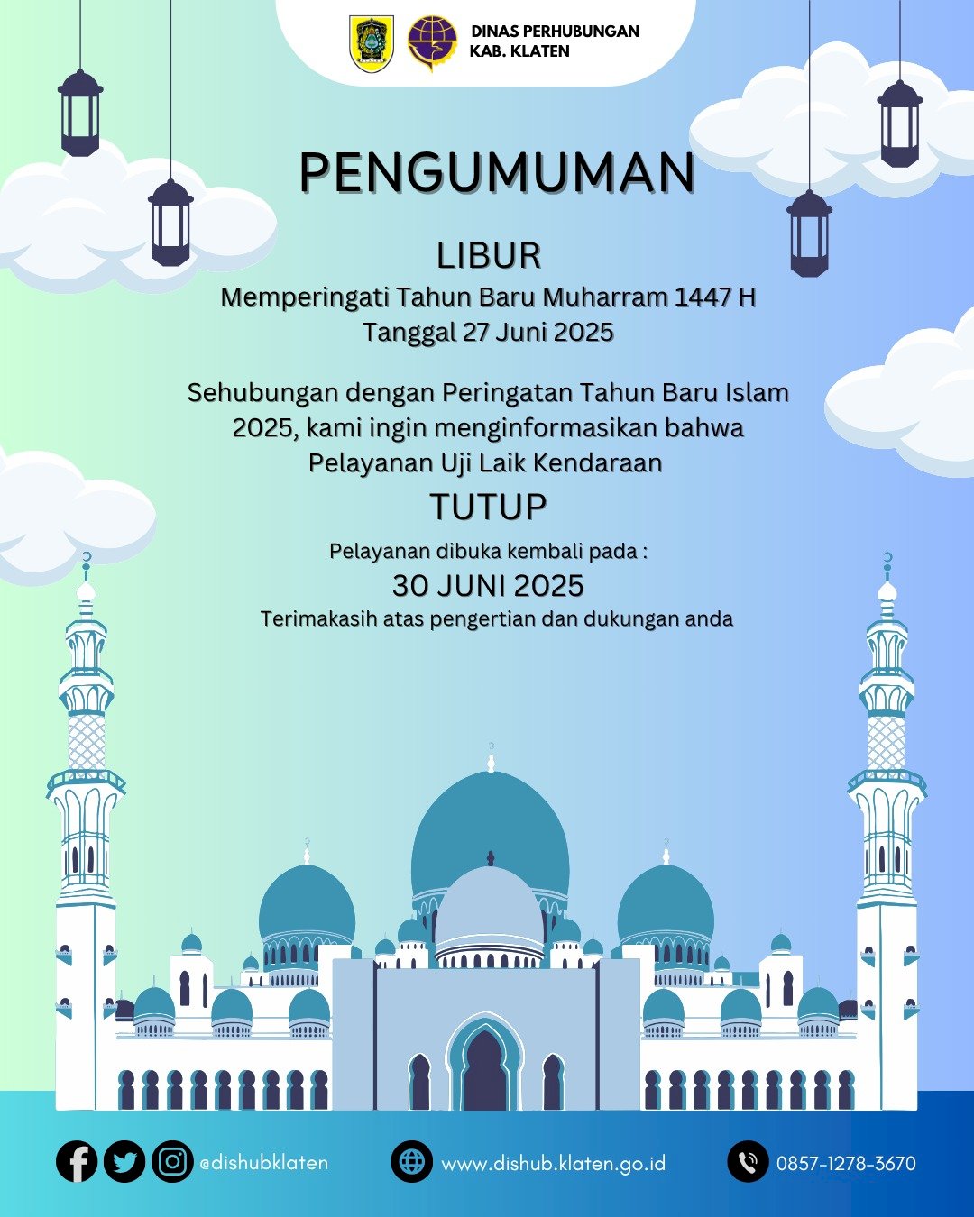 Pengumuman Libur Uji Laik Kendaraan Memperingati Tahun Baru Muharam