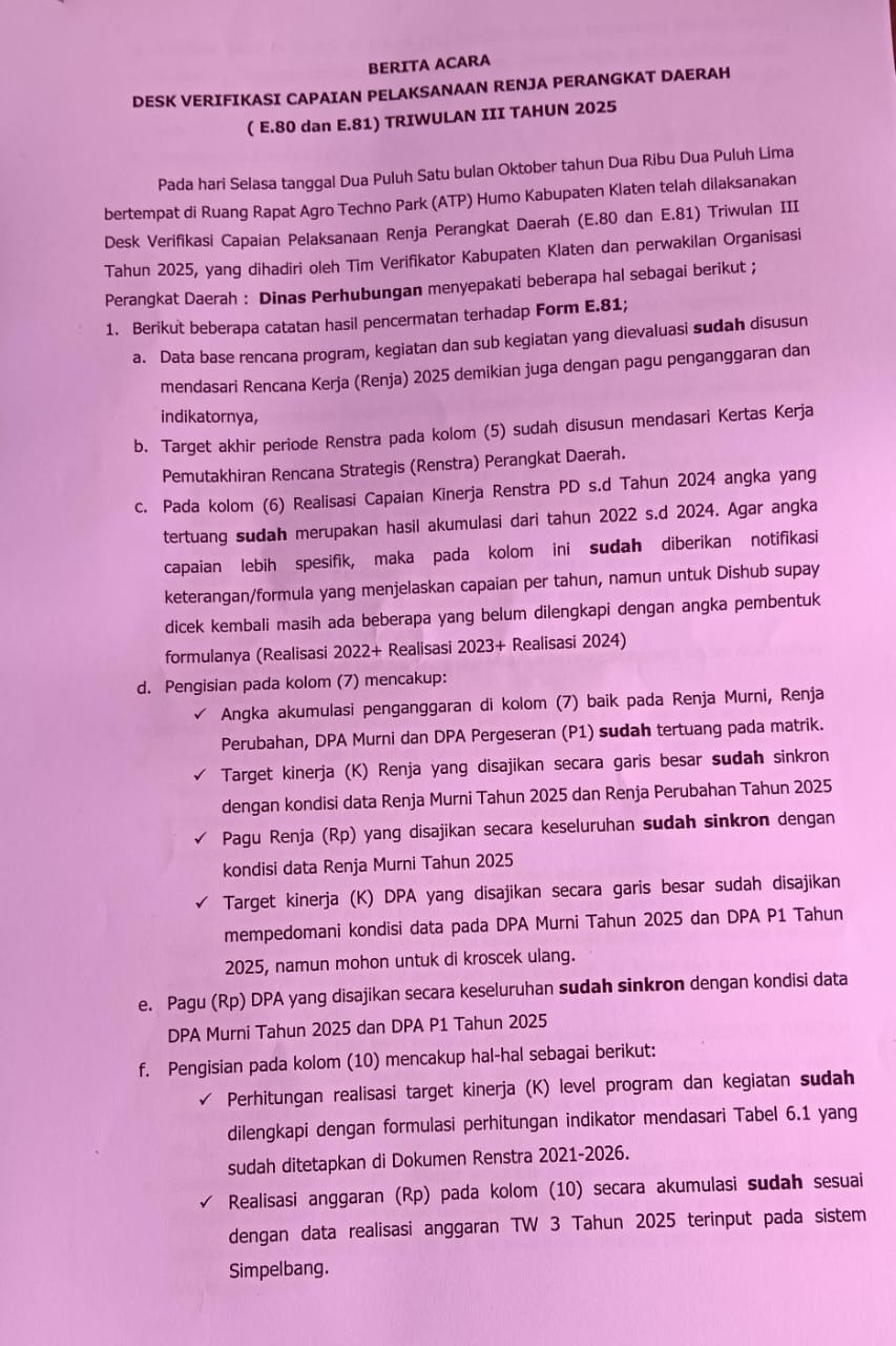 Dishub Klaten Lolos Verifikasi E.81 dengan Catatan Kecil, Perbaikan Segera Dilaksanakan