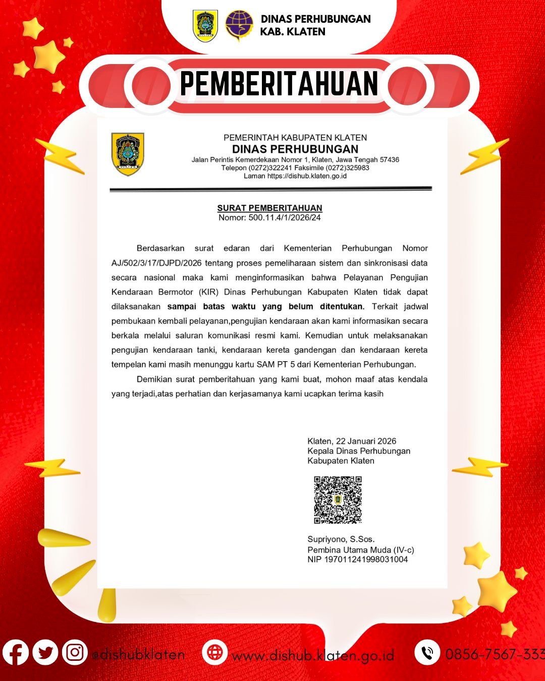 Pelayanan Uji Laik Kendaraan Bermotor KIR Dinas Perhubungan Klaten Tutup Sementara 