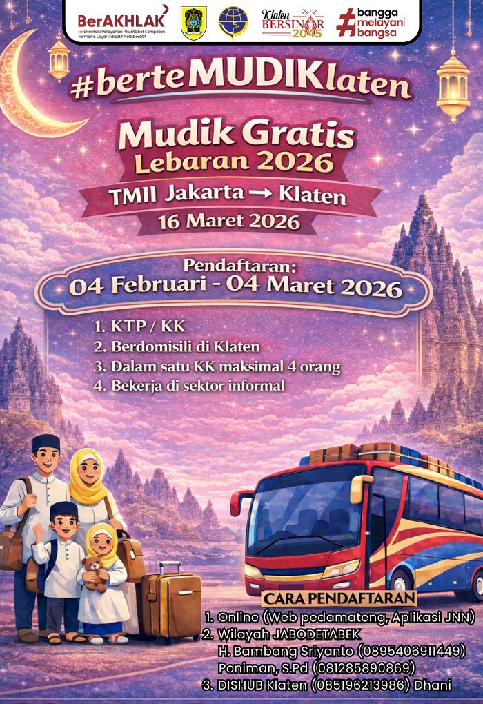 #berteMUDIKlaten Resmi Dibuka! Mudik Gratis Lebaran 2026 TMII Jakarta–Klaten | Dishub Klaten (57 karakter utama + branding)