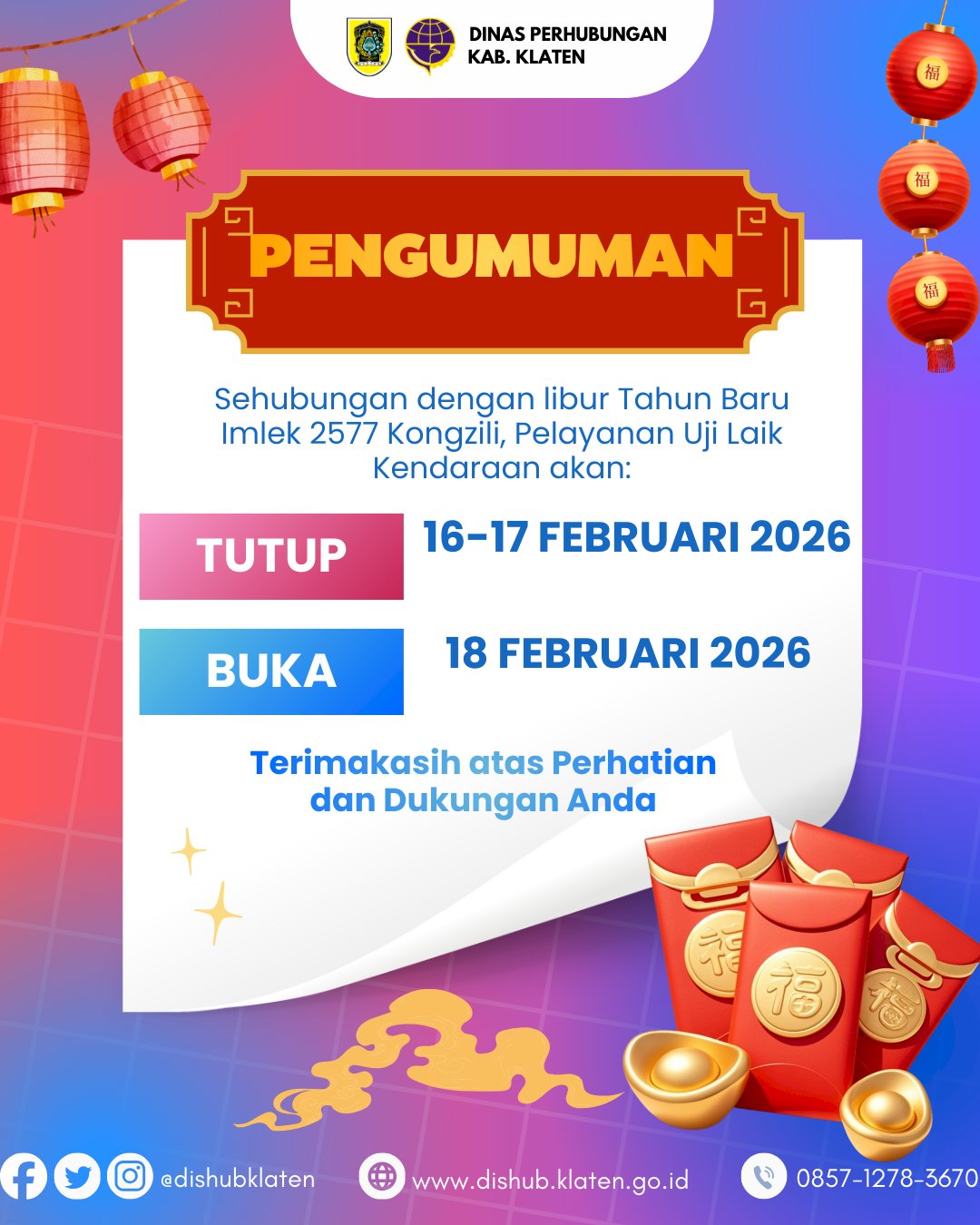 Libur Uji KIR Imlek 2026: Catat Jadwal Buka-Tutup Pelayanan! | Dishub Klaten (59 karakter)