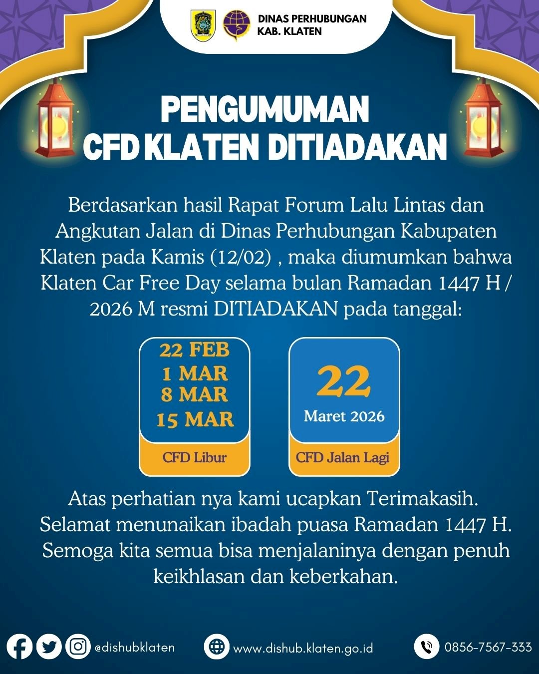 Resmi! CFD Klaten Ditiadakan Selama Ramadan 1447 H , Ini Jadwalnya