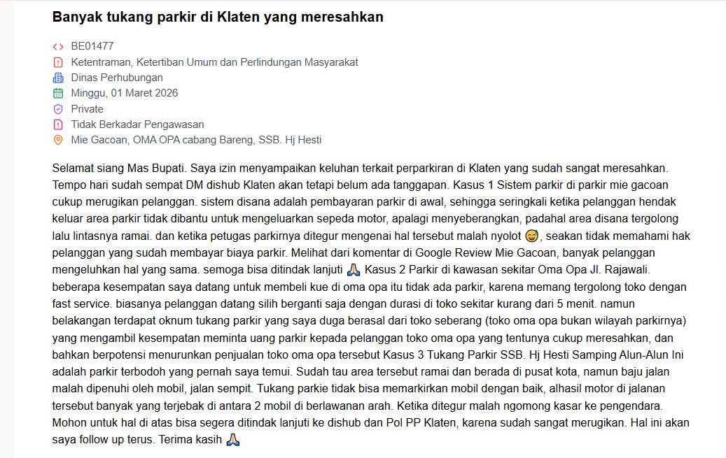 Tiga Aduan Parkir Satu Solusi - Dishub Klaten Tindak Lanjuti Laporan Warga Soal Mie Gacoan, Oma Opa, dan SSB Hj Hesti